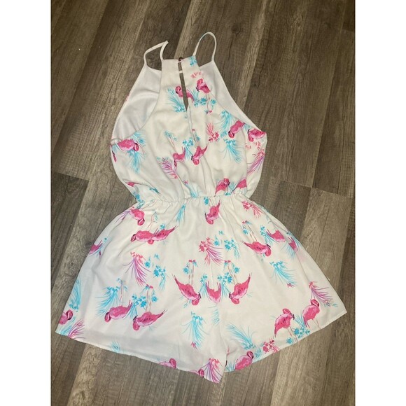 Everly Anthropologie Romper Women Medium Shorts Floral Flamingo Fairy Boho Sexy - Picture 4 of 8